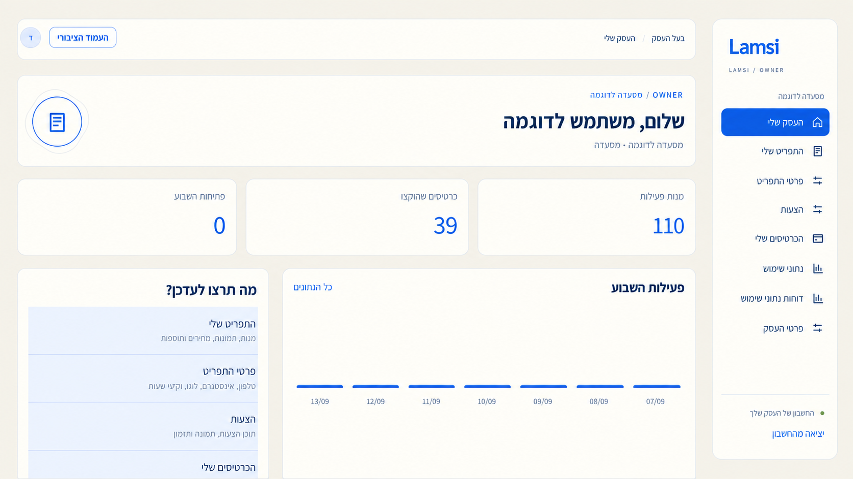 מסך לדוגמה של חשבון בעל מסעדה במערכת Lamsi